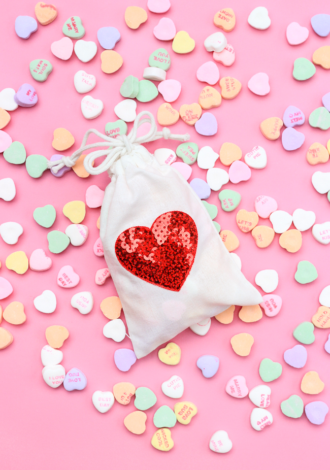 Whip up these sequin heart treat bags for your Valentine in under 5 minutes!