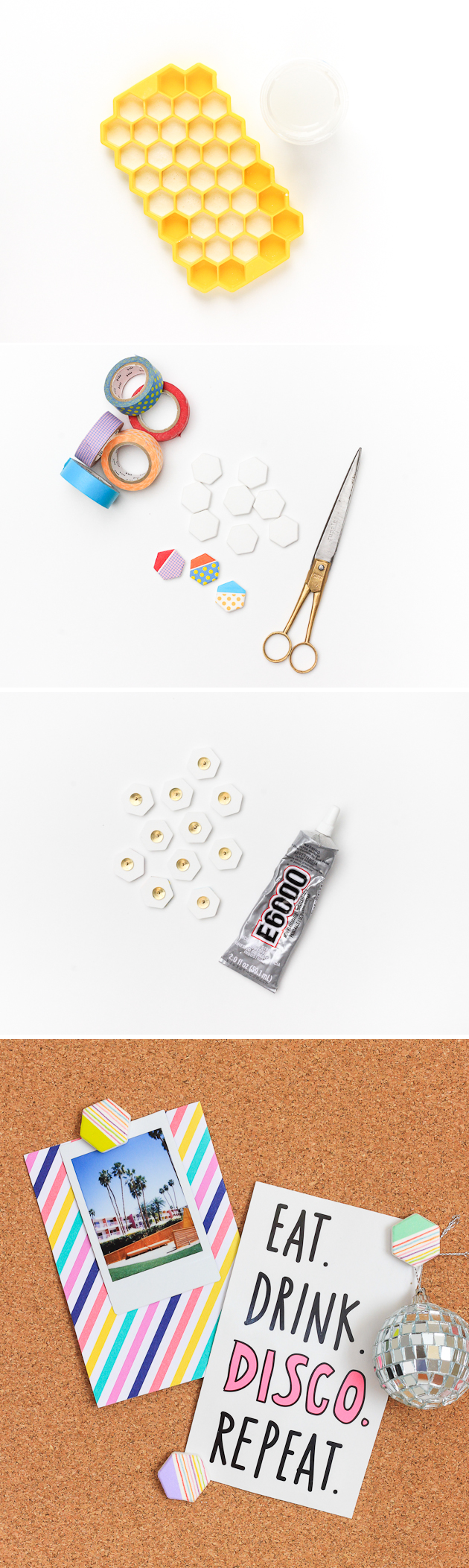 Add some color and pattern to your office with these easy DIY plaster + washi tape push pins!
