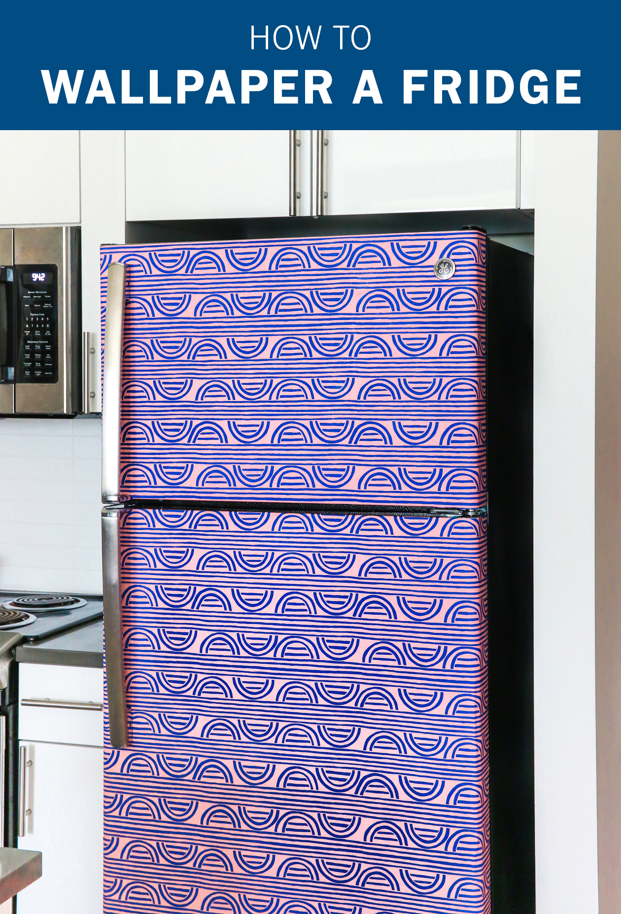 Add some color to your home with this renter friendly decor hack! Learn how to wallpaper your fridge in a few easy steps. Adding removable wallpaper to your fridge is a great way to makeover your kitchen without a huge budget!