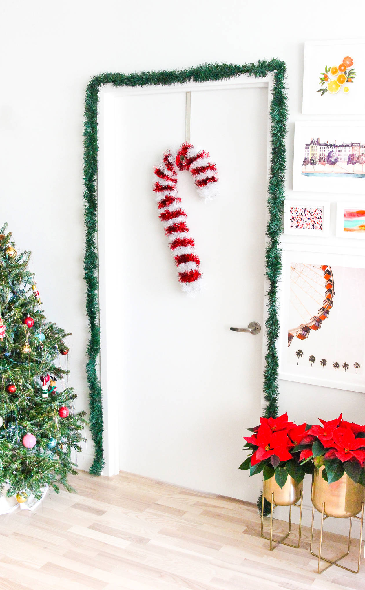 Make this DIY Candy Cane Wreath in just a few minutes! All you need is a wreath form an some tinsel